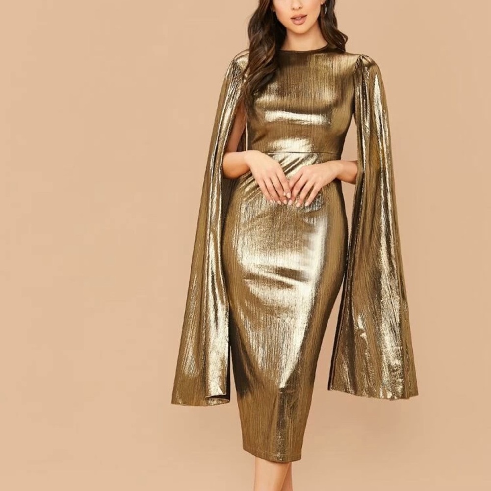Gold Cloak Sleeve Midi Dress
